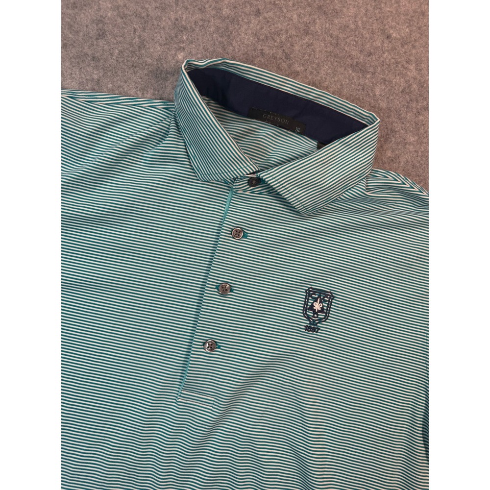 Greyson Mens XL Striped Golf Polo Shirt Teal White Performance Crest Logo 1897
